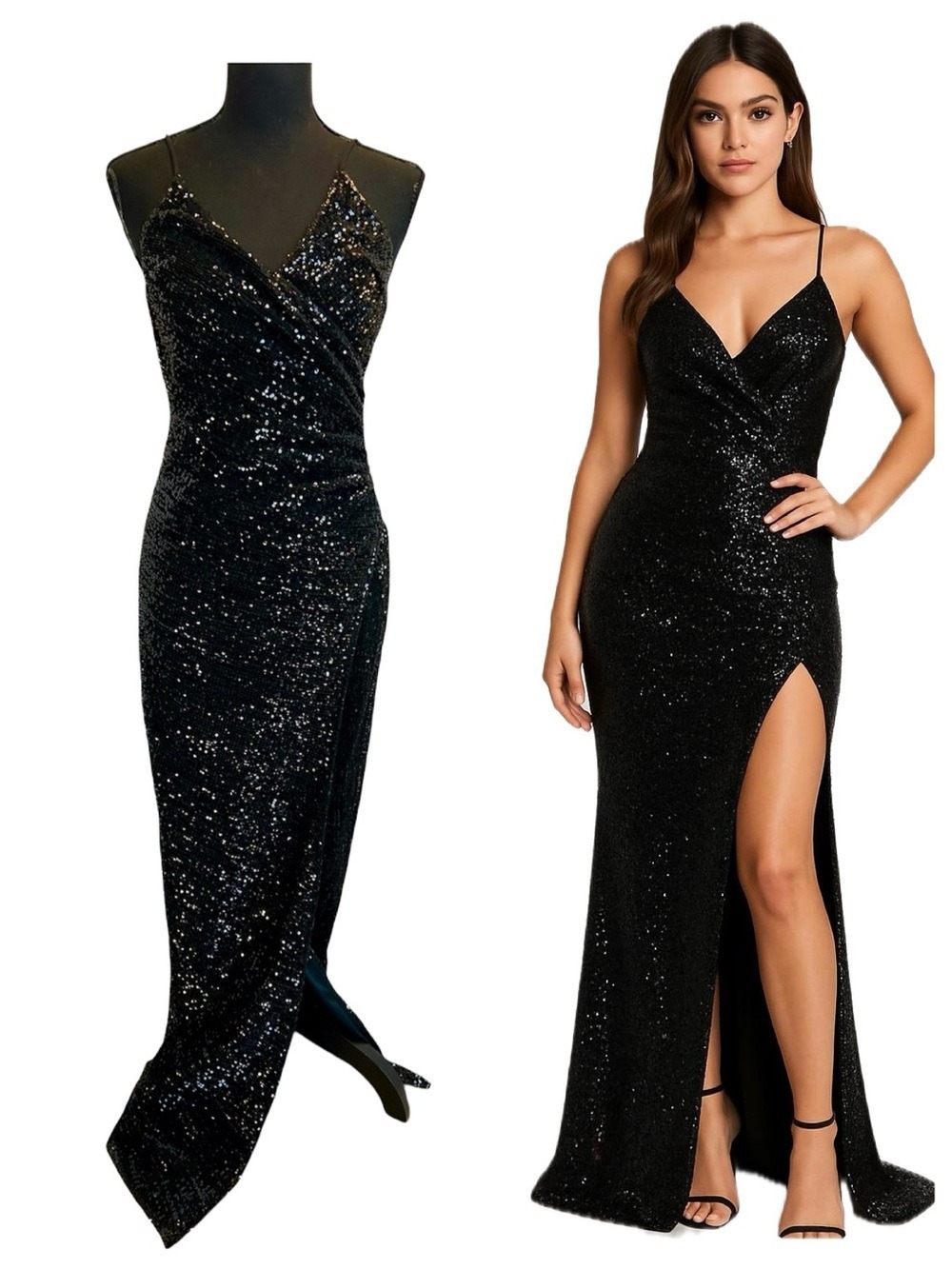 Black Sequin embellished Spaghetti Strap V-neck Formal Evening Gown high slit 8